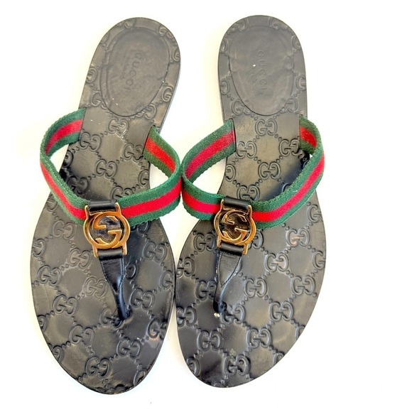Gucci Shoes - Gucci Black Red Green Leather Fabric GG web Thong flat sandals EU 39.5